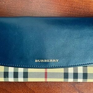 Authentic Burberry Navy Leather Clutch Long Wallet Nova Check Bifold